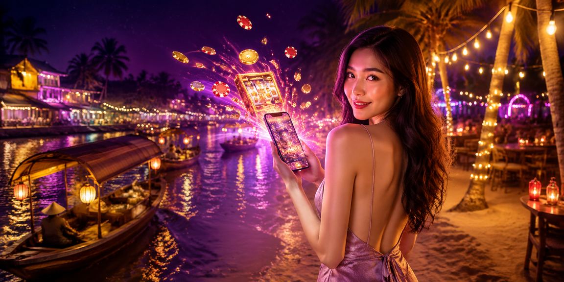 Không gian slot game neon sôi động tại khu vực đồng bằng Mekong về đêm